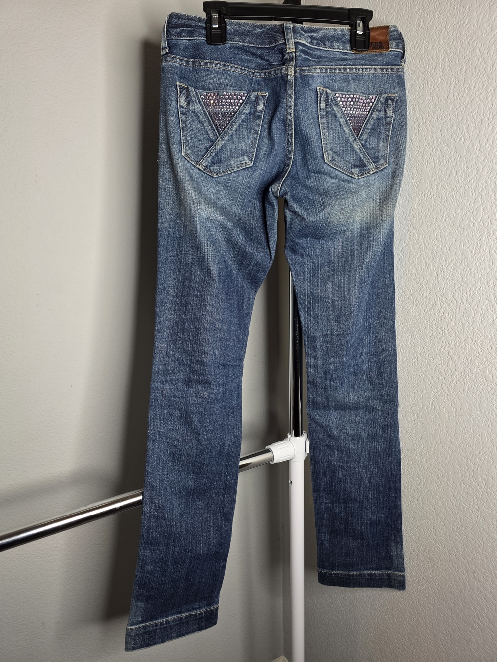 Express Women's Blue Denim Jeans with Embellished Back Pockets